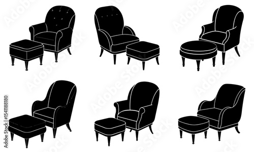 Collection of six black and white silhouette armchairs with matching ottoman on a white background