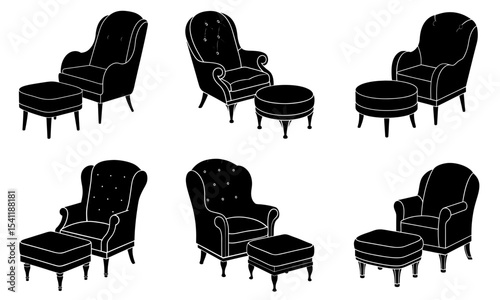 Illustration of six armchairs with footstools in black silhouette on a white background design element