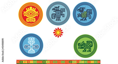 Stylized Pre-Columbian Symbols: Eye, Birds, Plant, Jaguar, Sun
