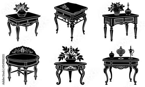 Collection of ornate antique tables with decorative legs and tabletop items in black and white style