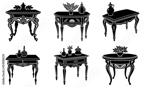 Illustration of six antique tables with decorative legs and various vases and plants on top of them