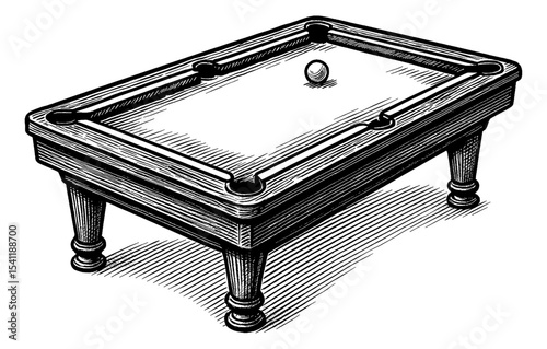 Vintage Engraving Style Illustration of a Billiards Table with One Ball Centered