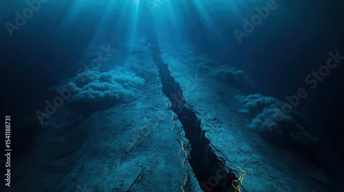 Abstract Widening Underwater Canyon with Glowing Faults and Sediment Clouds Depicting Tectonic Ocean Expansion Beneath Surface