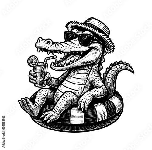 Alligator Relaxing on Inflatable Drink Juice Wearing Hat and Sunglasses Illustration