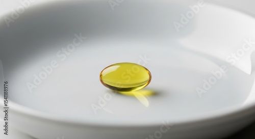 Single yellow softgel pill on white ceramic dish close-up