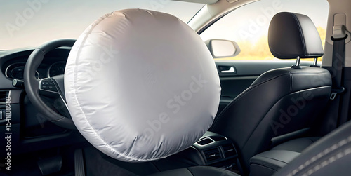 Inflated Driver-Side Airbag in Modern Car Interior Safety Feature Close-up