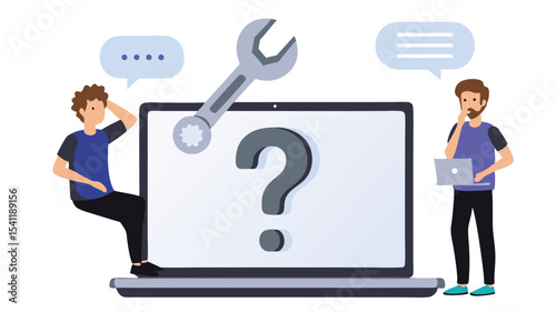 Two people near a laptop with a question mark and a wrench, looking confused and holding a laptop
