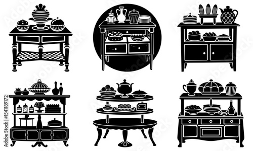 Illustration of six different styles of tables with food and decorative items in black and white style
