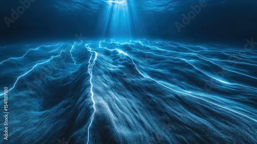 Abstract Widening Underwater Canyon with Glowing Faults and Sediment Clouds Depicting Tectonic Ocean Expansion Beneath Surface