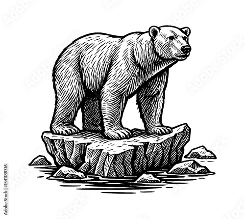 Engraved Illustration of a Majestic Polar Bear Standing on Ice Floe Observing the Landscape