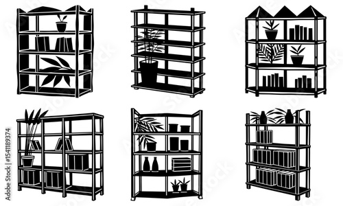 Six stylized bookshelves with various items such as plants and books in a black and white illustration