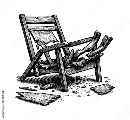 Illustration of a Broken Wooden Chair with Debris on White Background in Engraving Style