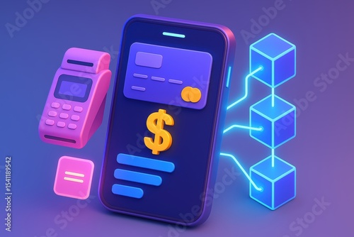 Digital Payment System with Smartphone, Card Reader, and Blockchain Technology Concept Illustration