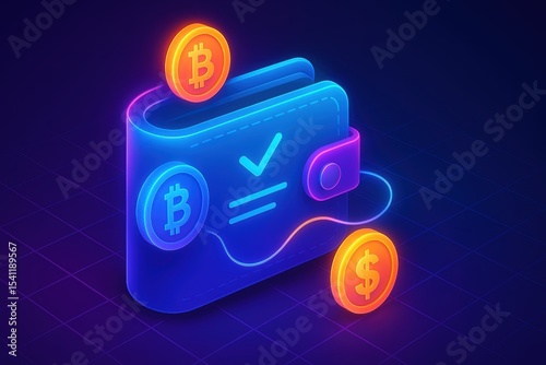 Colorful digital wallet with Bitcoin and dollar coins in neon style on a dark background