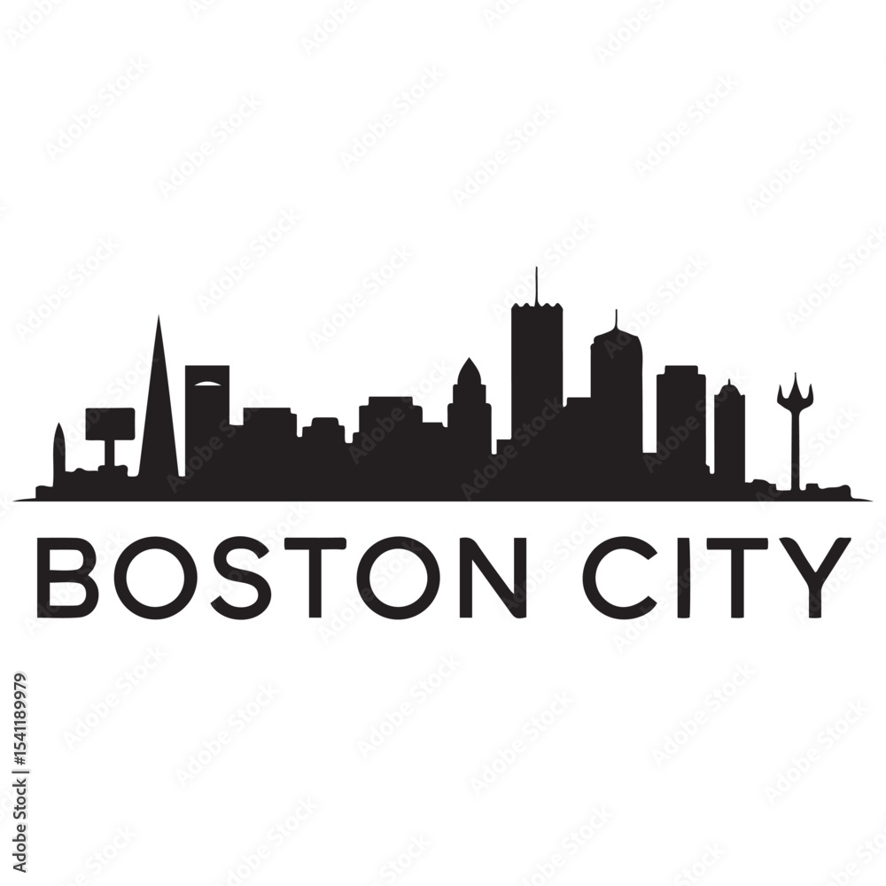 Obraz premium Boston city skyline horizontal banner. Boston city, USA. Vector template for your design. Vector black silhouette. with white background