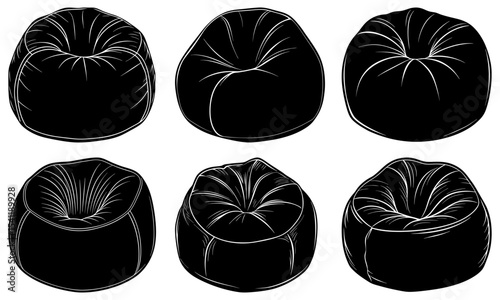 Illustration of six black beanbag chairs with white outlines in varying perspectives and arrangements