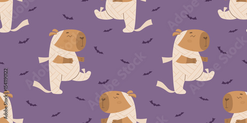 Funny capybara in mummy costume and bats pattern