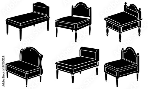 Illustration of six antique chairs and benches with different designs in a black and white color scheme