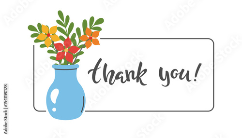 A charming Thank You card featuring a blue vase with colorful flowers and green leaves, perfect for expressing gratitude in a cheerful and elegant way.