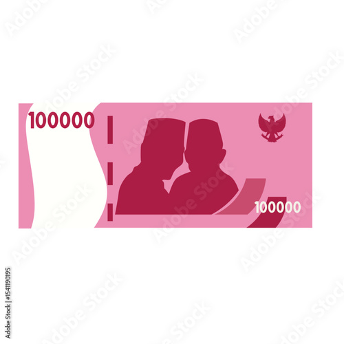 Flat illustration of a 100000 rupiah Indonesian banknote featuring two portraits and national emblem. Simple, modern design, perfect for financial or economic topics.