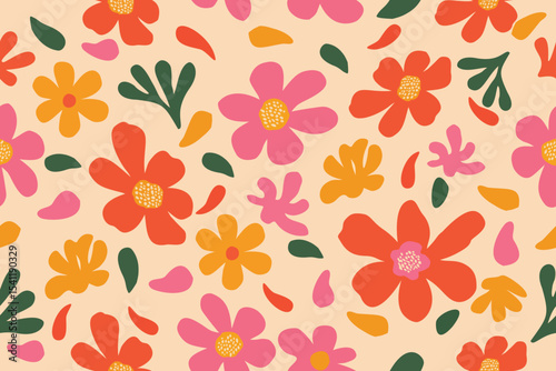 Playful seamless floral pattern featuring red, pink, yellow, and green abstract flowers and leaves on a beige background. Perfect for fun, modern fabric and design projects.