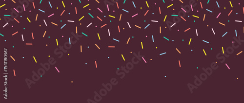 Small Dash Pattern. Colorful falling decorative sprinkles. Seamless pattern on chocolate background. Donut glaze background. Simple Vector Illustration.