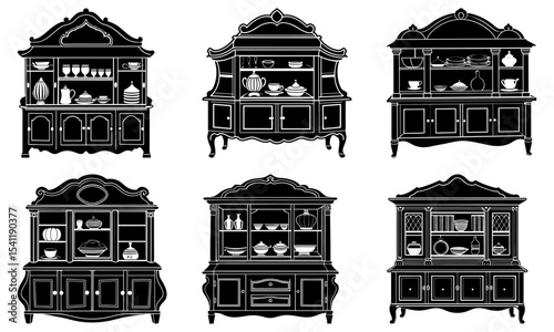 Illustration of six different antique china cabinets with various designs and contents displayed on shelves