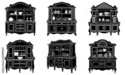 Collection of six detailed black and white silhouette illustrations of antique china cabinets and cupboards