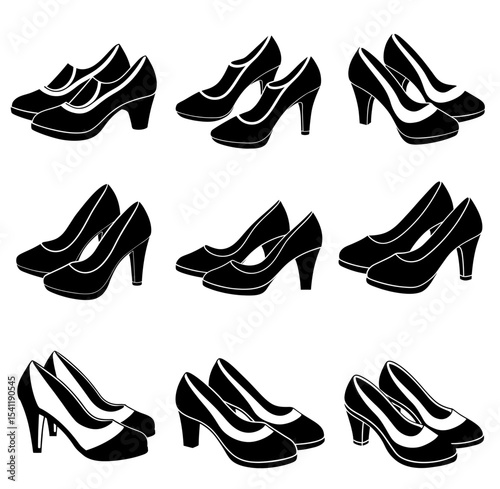 set of female shoes, silhouette of women shoes with heels stilettos model accessory
