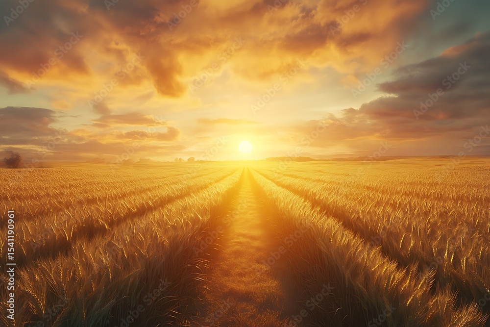 Obraz premium Golden wheat field illuminated by a bright sunrise and dramatic cloudy orange sky
