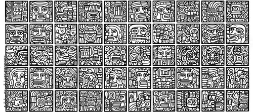 Intricate Aztec-Inspired Face Motifs in Black and White Square Tile Grid