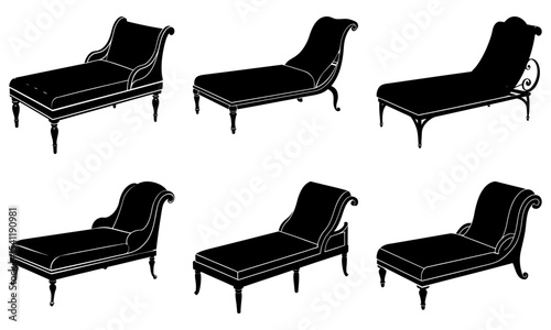 Collection of six chaise lounges in black silhouette with varied designs and leg styles on a white background