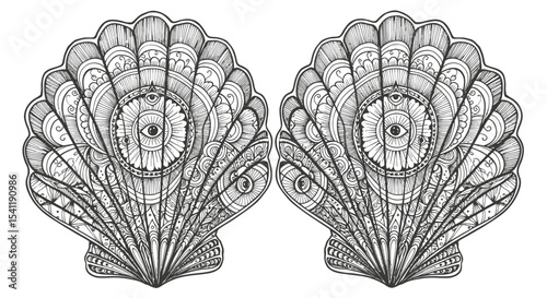 Intricate Hand-Drawn Shells Featuring Eye Motifs and Detailed Patterns