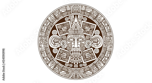 Intricate Mayan Calendar Stone Carving with Central Deity Face and Geometric Patterns