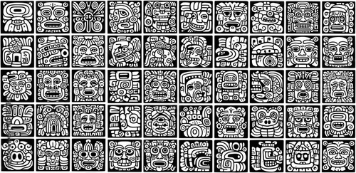 Intricate Monochrome Aztec-Style Mask Grid