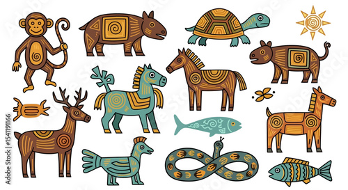 Colorful Tribal Style Animal Illustrations Set