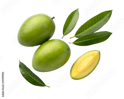 Wallpaper Mural green mangoes with sliced piece and green leaves centered layout Torontodigital.ca