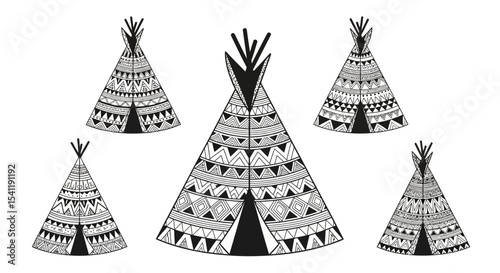 Detailed Black and White Teepees with Geometric Tribal Patterns