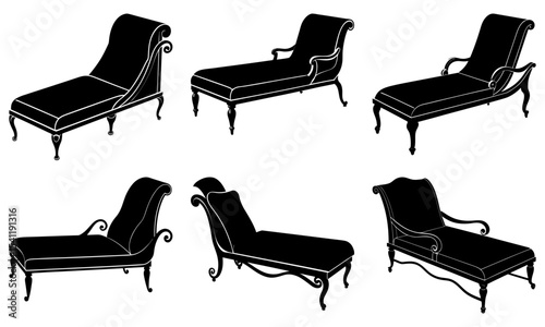 Illustration of six chaise lounges in black and white showcasing different design styles and orientations