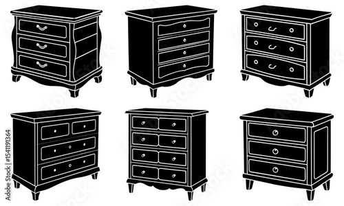 Six black and white dresser illustrations with varying drawer counts and design styles on a white background