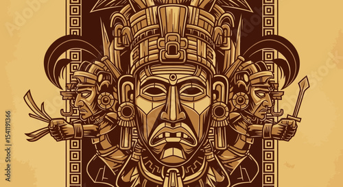 Intricate Aztec Warrior Mask Design with Detailed Ornamentation