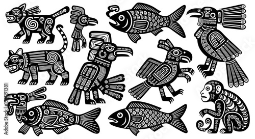 Intricate Aztec-Inspired Animal and Fish Illustrations with Detailed Black and White Designs.