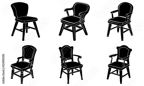 Illustration of six different black chairs with varying designs and heights on a white background