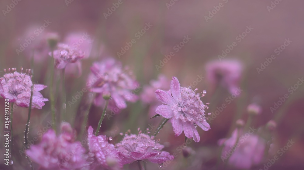Naklejka premium Delicate pink flowers with glistening water droplets on petals, slender green stems rising gently, soft ethereal quality, blurred muted pink and green background, serene and dreamy atmosphere.