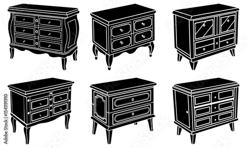 Six black and white illustrations of different styles of antique wooden chest of drawers on a white background