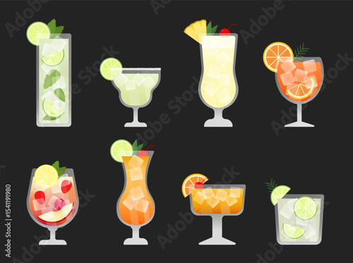 Set of 8 classic summer alcoholic cocktails including Aperol Spritz, Mojito, Margarita, and more. Isolated on clean black background.