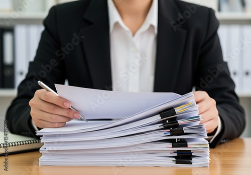 Woman office worker checking archived paperwork to locate pending documents following a hectic work session.