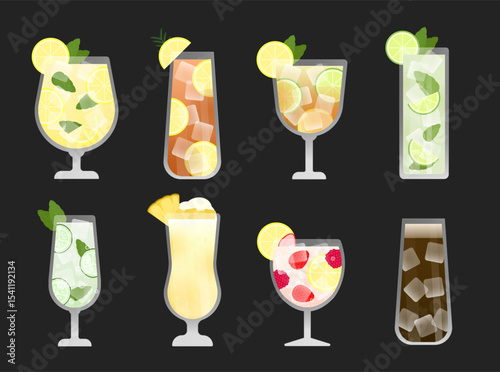 Refreshing summer drink set of 8 non-alcoholic beverages including Cold Brew, Lemonade, and Virgin Mojito. Isolated on black background.