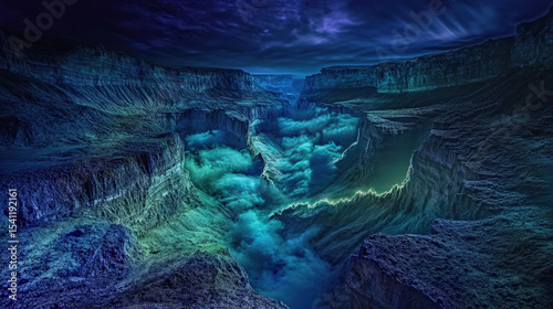 Abstract Widening Underwater Canyon with Glowing Faults and Sediment Clouds Depicting Tectonic Ocean Expansion Beneath Surface