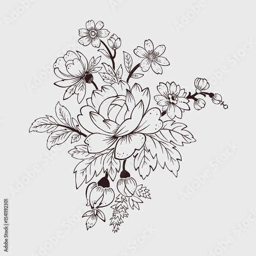 Silhouette floral illustration in black ink featuring blooming flowers and leaves on a branch. Minimalist vintage botanical design, ideal for tattoos, logos, decorative prints.